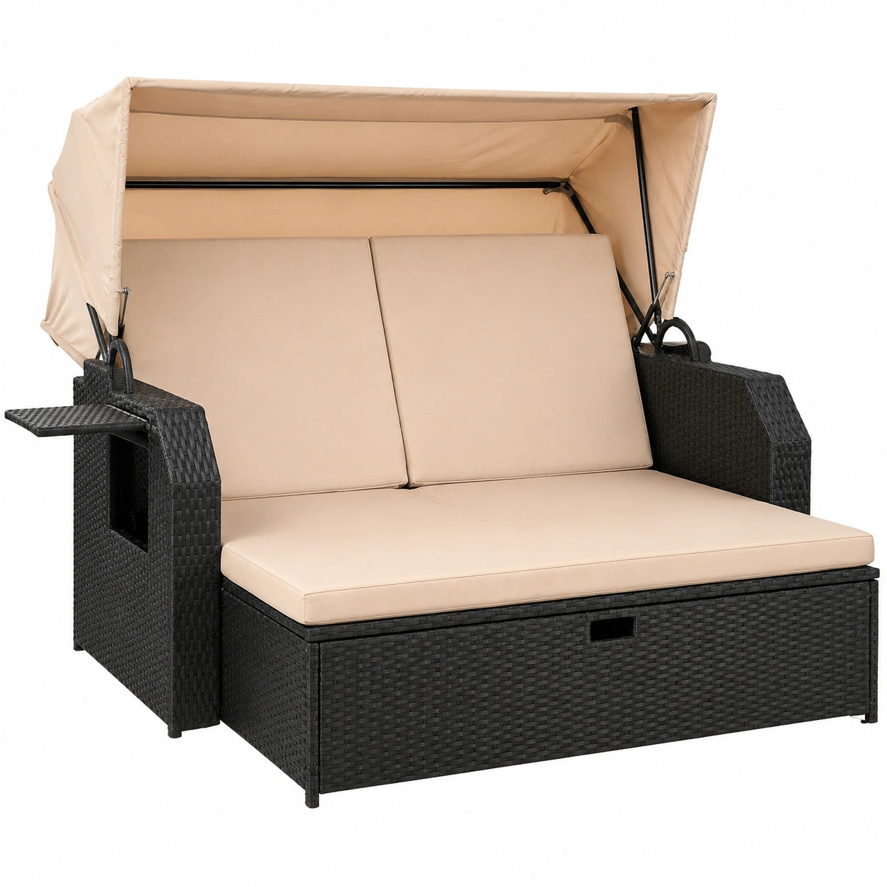 Polyrattan Sonnenliege mit klappbarem Tisch und verstellbarer Rückenlehne, Schwarz