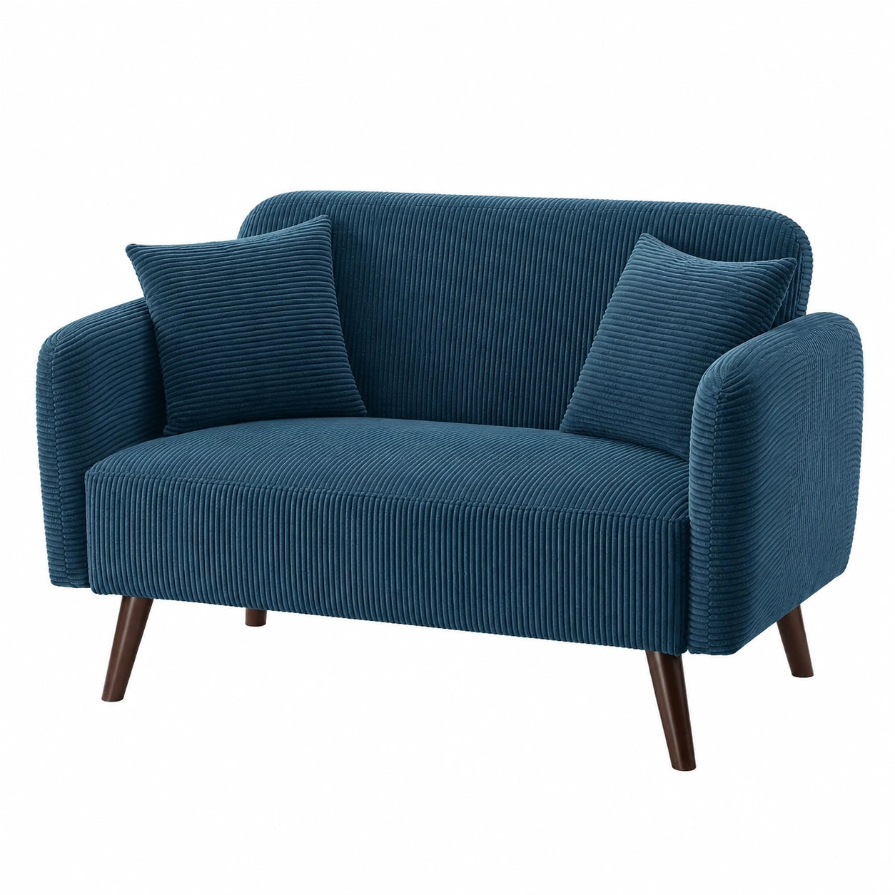 Zweisitzer Cord Sofa mit Holzfüßen und Kissen, Blau, Belastbar bis 320 kg, 132x70x81 cm