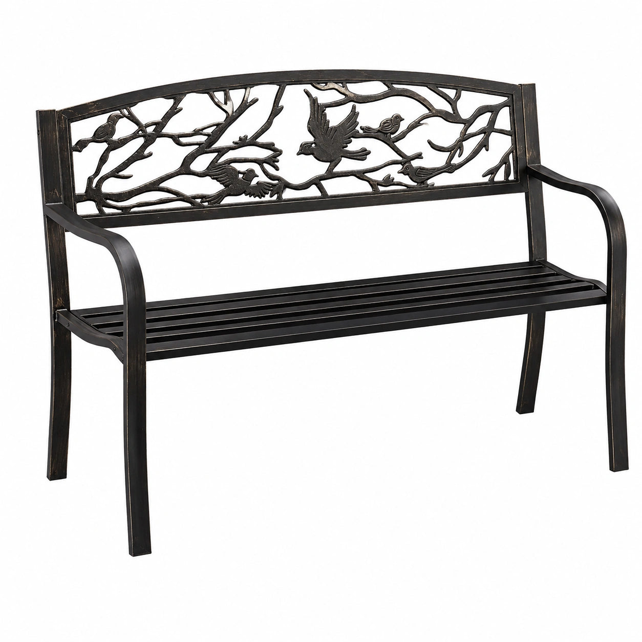 Vintage 2-Sitzer Gartenbank mit Vogelmotiv, Stahl, für Garten & Balkon, schwarz/bronze 87x127x57 cm