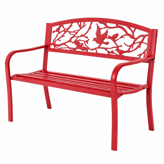 Retro-Gartenbank 2-Sitzer aus Metall, Belastbarkeit 280 kg, mit Rücken- & Armlehnen, ideal für Balkon & Terrasse, 127x59,5x87,5 cm, Rot