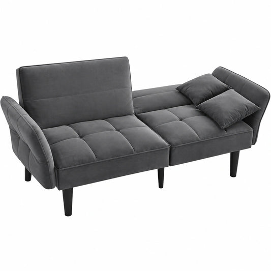 DRIXNO Multifunktionales Schlafsofa aus Samt, Zweisitzer mit klappbaren Armlehnen, Antikgrau