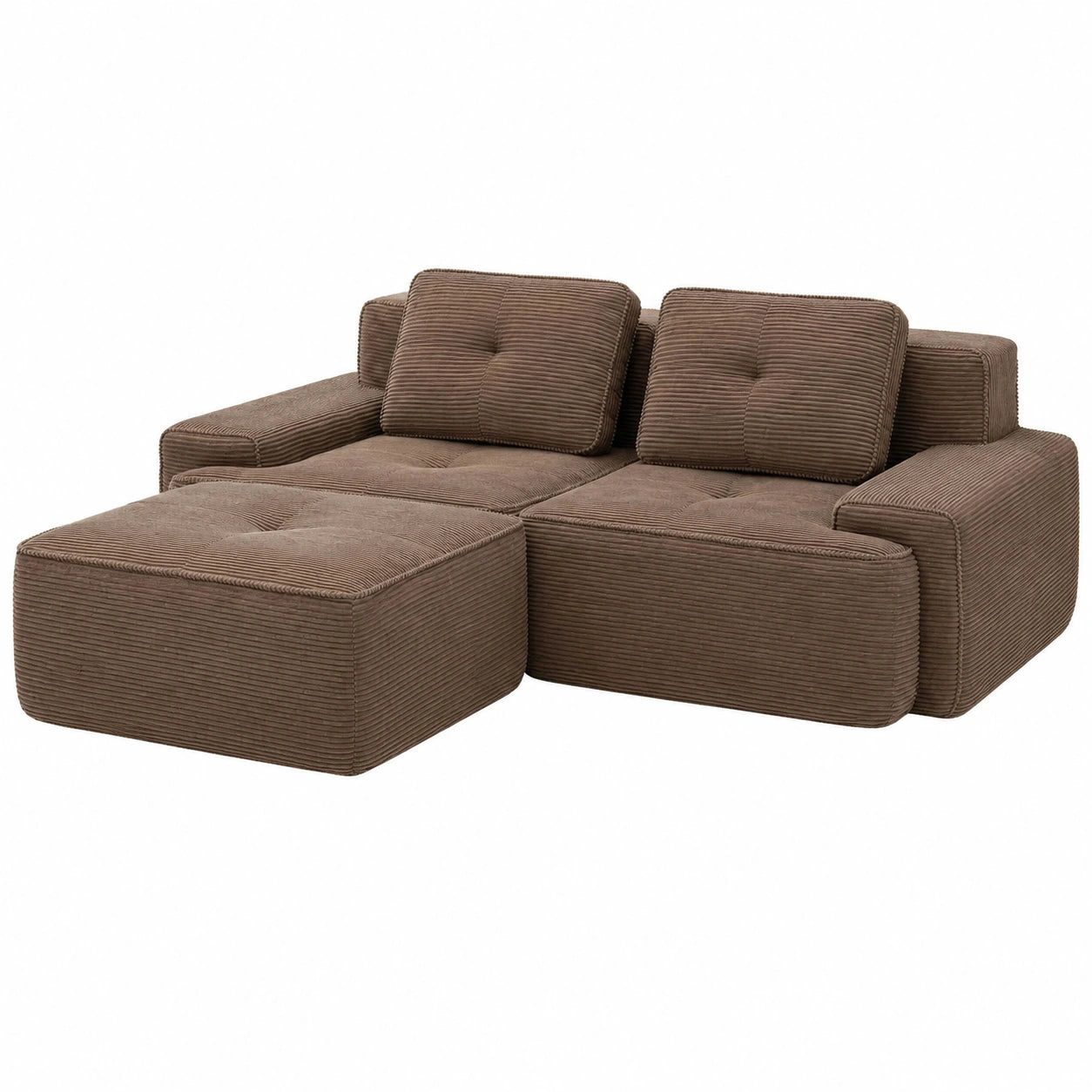 Braunes Ecksofa mit Ottoman, Schlafsofa für Wohnzimmer, Komfort und Tiefsitz, Montagefrei, 32D hochelastischer Schaumstoff, 2-Sitzer+1