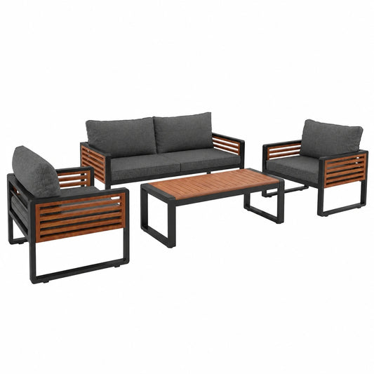 4-teiliges Gartenmöbel-Set mit Holzarmlehnen und verzinktem Eisenrahmen, inkl. Doppelsofa, 2 Sesseln und Tisch