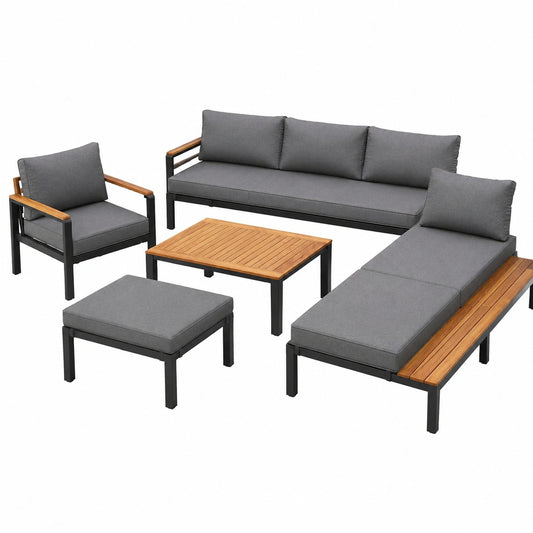 6-teiliges Gartenmöbel-Set mit stabilem Metallrahmen und flexibler Kombination, inklusive Sessel, Zweisitzer-Sofa und Couchtischen